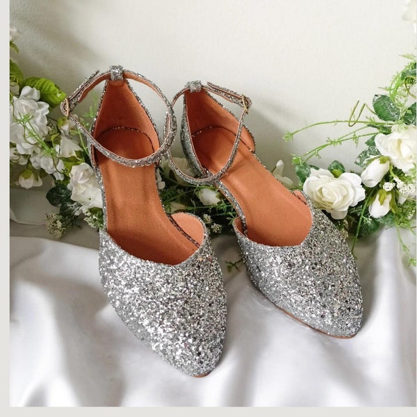 Sparkling Pointy Ballerina Pumps, Women Bridal Shoes, Special Event Silver Glitter Low Heels with Ankle Strap Closure, Special Occasions