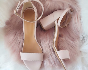 Special Occasion Pink Shoes Woman, Blush Wedding Shoes, Ankle Strap Closure, Dusty Rose Classy Block Heels, Custom Pink Heeled Sandals