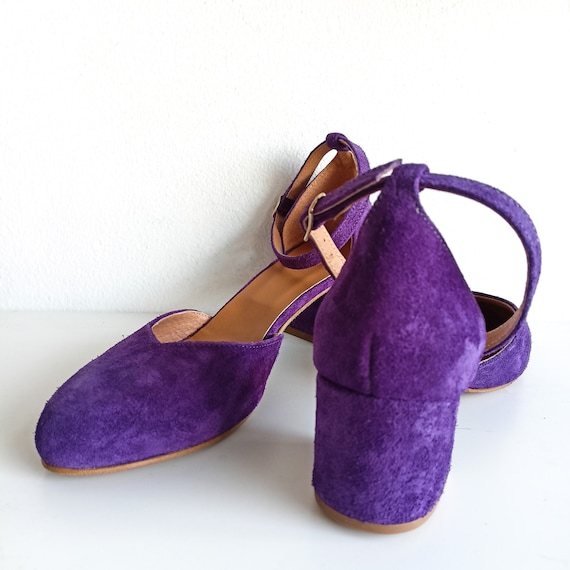 Purple Suede Pumps Ballerinas Pumps With Ankle Strap Purple