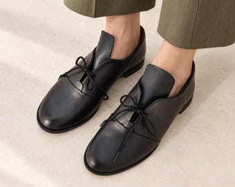 Black Leather Oxford Shoes Women, Tie up Comfortable Flats, Black Leather Business Shoes, Classy Minimalistic Look, Unique All Seasons Shoes