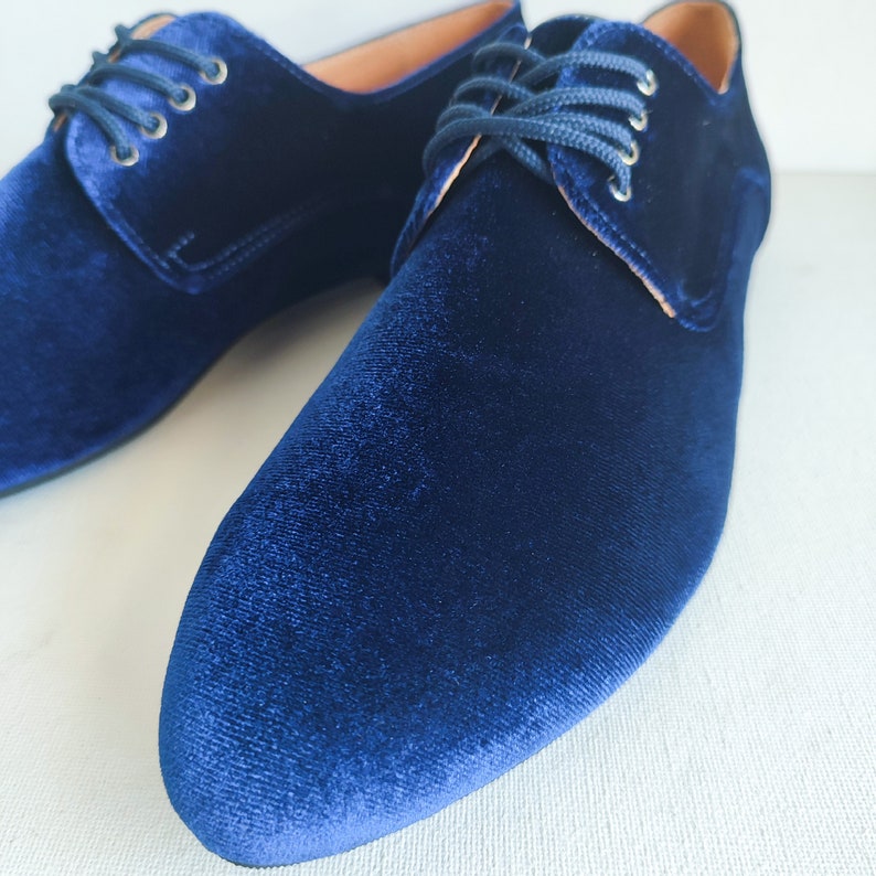 May include: A pair of dark blue velvet shoes with lace-up closures. The shoes have a pointed toe and a low heel.