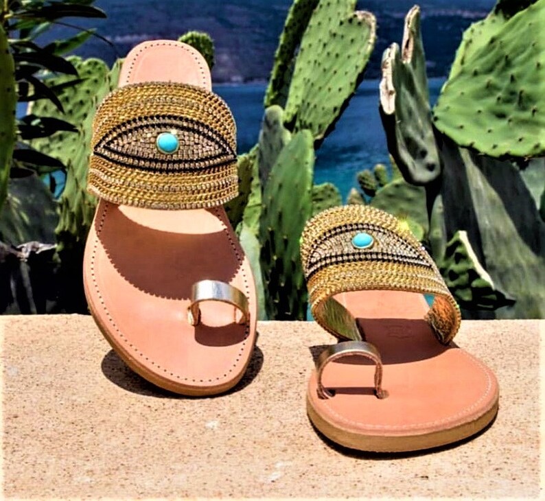 Embellished Evil Eye Sandals Gold Eco Leather Shoes