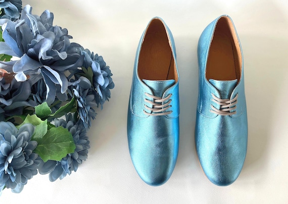 aqua blue dress shoes Ms. Charlotte Aqua Metallic Leather Women's Brogue Loafer – The Office of Us main image 0