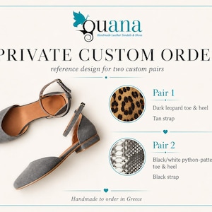 Pedido personalizado para el comprador: 2 pares de zapatos planos de cuero hechos a mano con tira en el tobillo y estampado de leopardo y pitón.
