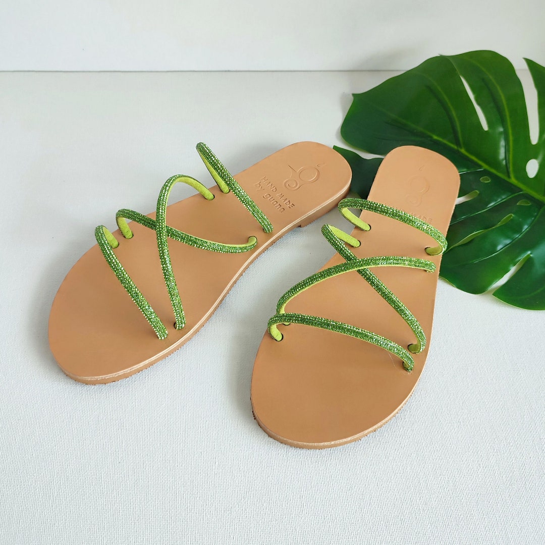 Lime Green Strappy Sandals With Strass Top, Slim Design, Women's