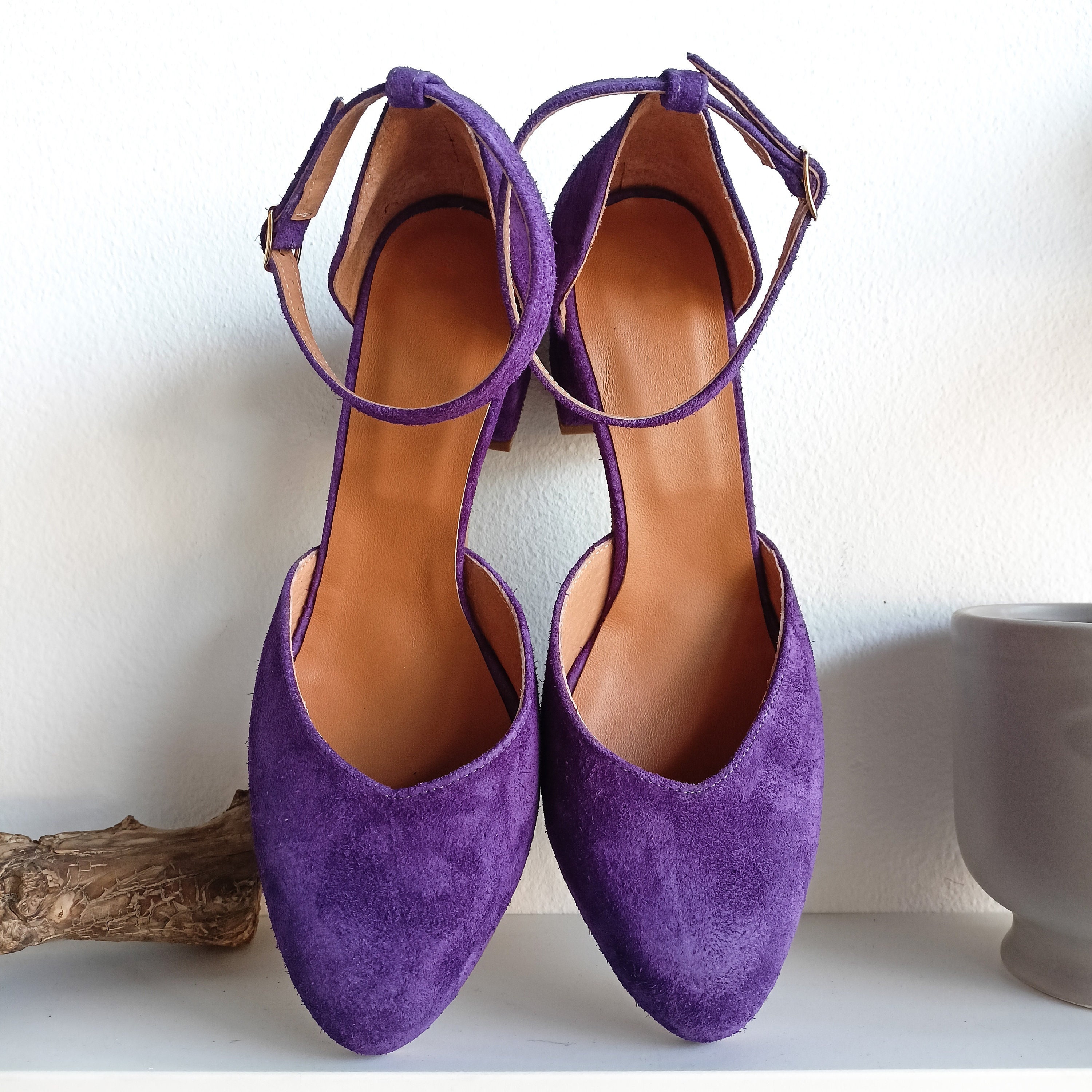 Paarse suède pumps ballerina pumps met enkelband paarse - Etsy België