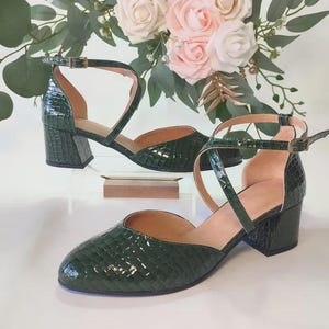 Bridal Dress Pumps, Soft Leather Women's Shoes, Bridesmaid Green Heels, Dark Green Special Occasion Shoes, Cross-Front Closing Straps Green Embossed