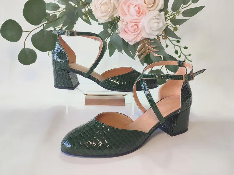 Bridal Dress Pumps, Soft Leather Women's Shoes, Bridesmaid Green Heels, Dark Green Special Occasion Shoes, Cross-Front Closing Straps Green Embossed