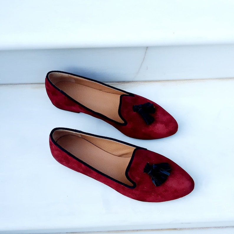 Women's Loafers, Black Suede Tassel Moccasins, Almond-toe Slip-ons, Casual Low Heeled Shoes, Stylish Everyday Woman, Formal Business Shoes Burgundy