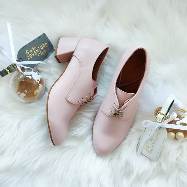 Blush Leather Block Heel Oxfords, Retro Wedding Theme, Pink Gown Pointed-toe Shoes, Bridal Dreamy Tie Up Pumps, Light Rose Evening Pumps