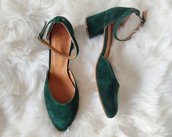 Coloured Wedding Block Heels, Bridal Ankle Strap Shoes, Green Dress Shoes, Suede Leather, Wedding Shoes For Flower Girls, Women's Mid Heels