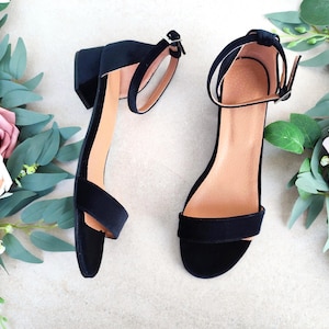 Short Block Heel Velvet Sandals, Black Velvety Shoes, Strappy Ankle Strap Closure, Cocktail Party, Special Events, Versatile Dress Sandals