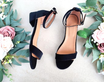 Short Block Heel Velvet Sandals, Black Velvety Shoes, Strappy Ankle Strap Closure, Cocktail Party, Special Events, Versatile Dress Sandals