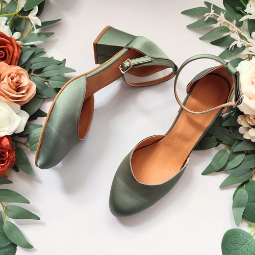 Sage Green Satin Mid-heeled Pumps With a Single Ankle Strap for Women,  Wedding Gown Block Heels, Classic Bridesmaids Pumps, Special Events - Etsy
