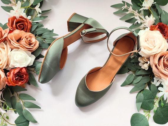 green dress pumps Sage Satin Mid-heeled With a Single Ankle Strap for Women, Wedding Gown Block Heels, Classic Bridesmaids Pumps, Special Events group_dress_pollyann