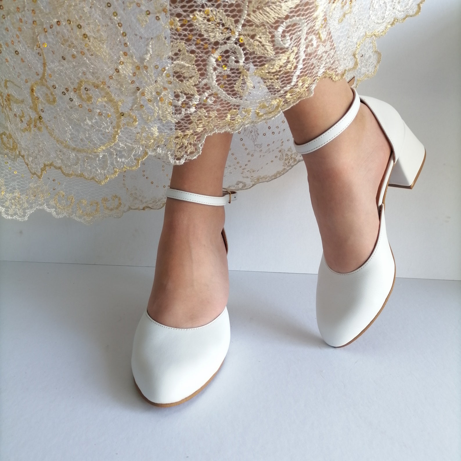 Low Block Heel Wedding Shoes White Leather Pumps Closed Toe | Etsy
