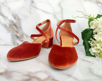 Burnt Orange Velvet Bridal Pumps, Closed Toe Wedding Gown Shoes
