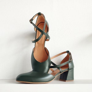 Bridal Dress Pumps, Soft Leather Women's Shoes, Bridesmaid Green Heels, Dark Green Special Occasion Shoes, Cross-Front Closing Straps image 2