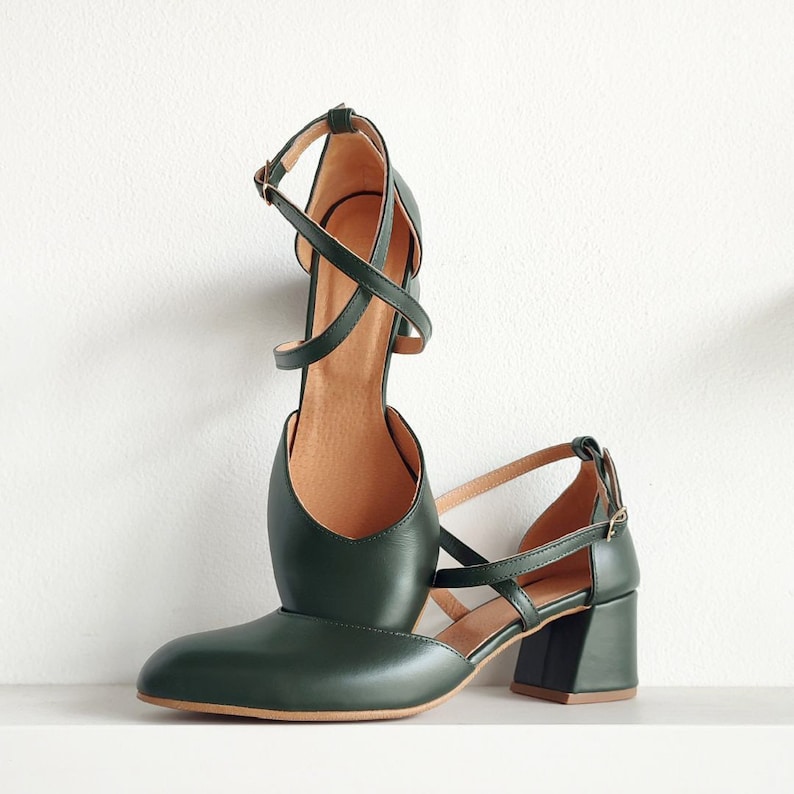 Bridal Dress Pumps, Soft Leather Women's Shoes, Bridesmaid Green Heels, Dark Green Special Occasion Shoes, Cross-Front Closing Straps image 2