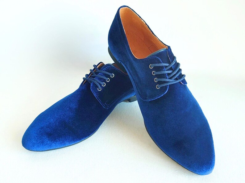 May include: A pair of blue velvet lace-up shoes with pointed toes.