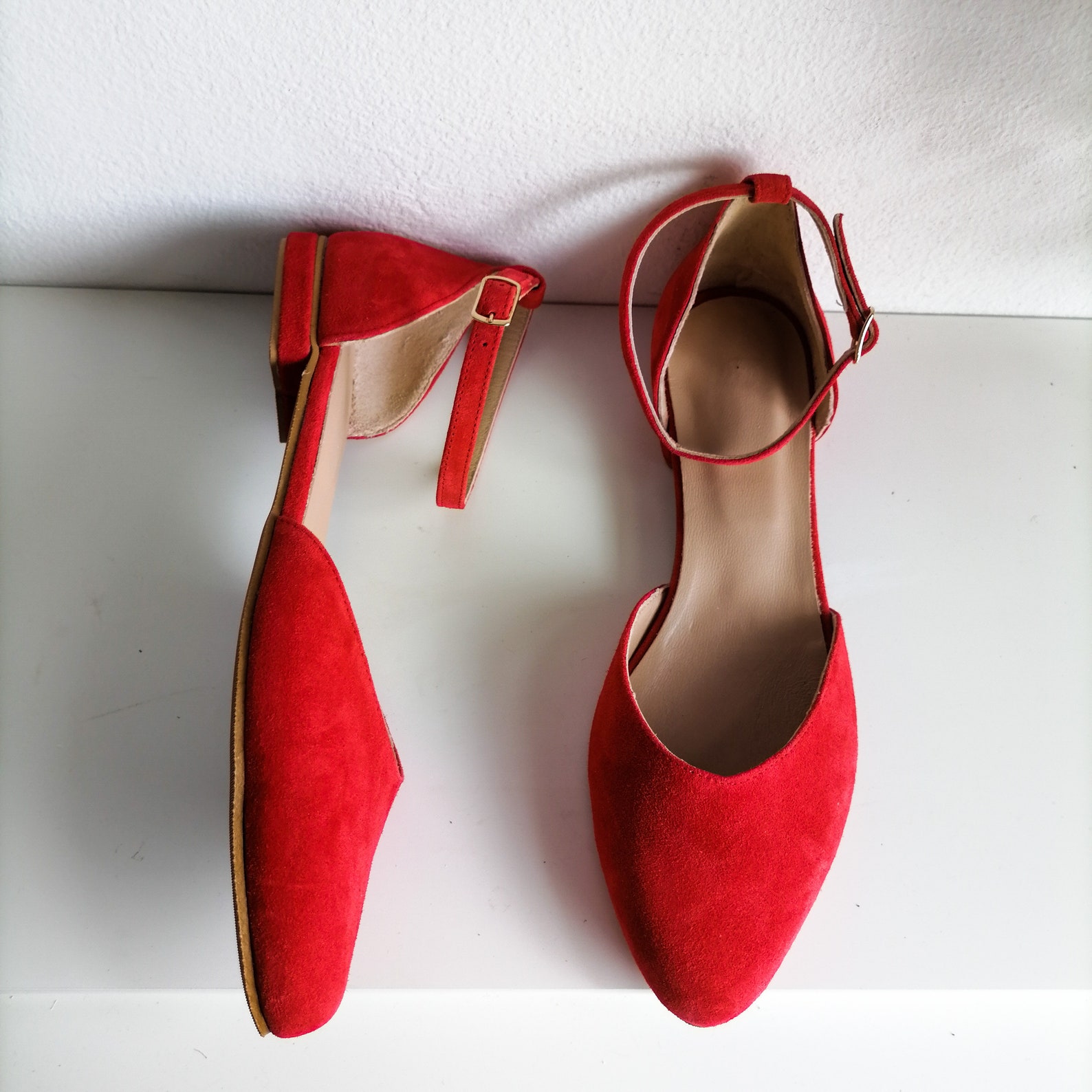 Cherry Red Suede Flat Shoes Ballerinas Shoes With Ankle - Etsy