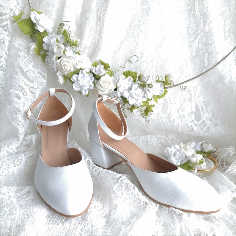 Low Block Heel Wedding Shoes, White Leather Pumps, Closed Toe Heels, Bridal Shoes, Ankle Wrap Heels, Wedding Pumps, Shoes Women Leather image 9