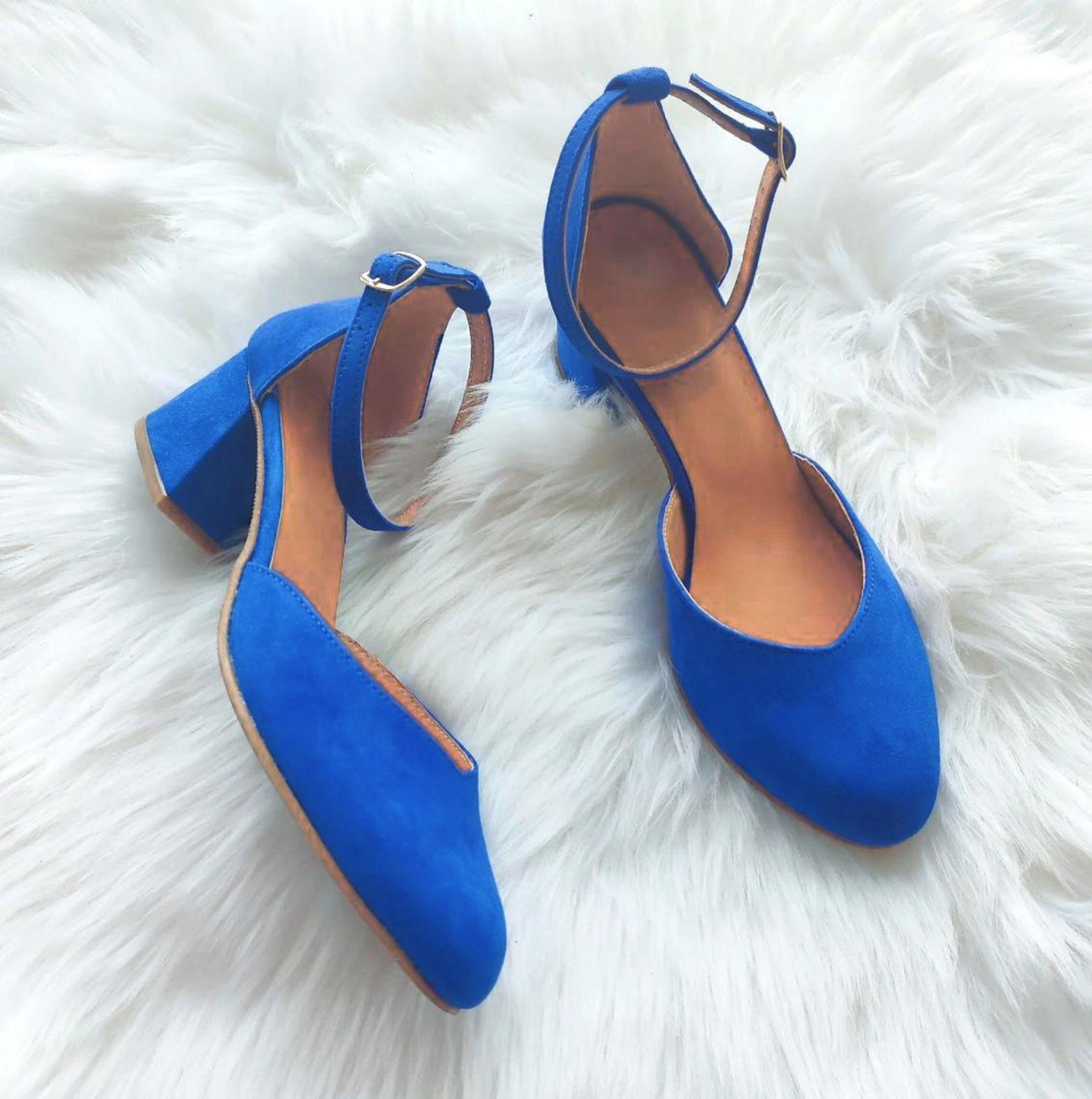 Blue Royal Suede Block Heels Blue Leather Shoes Block Heel Pumps Handmade Suede Pumps Blue Heels Pointed Toe Pumps Something Blue