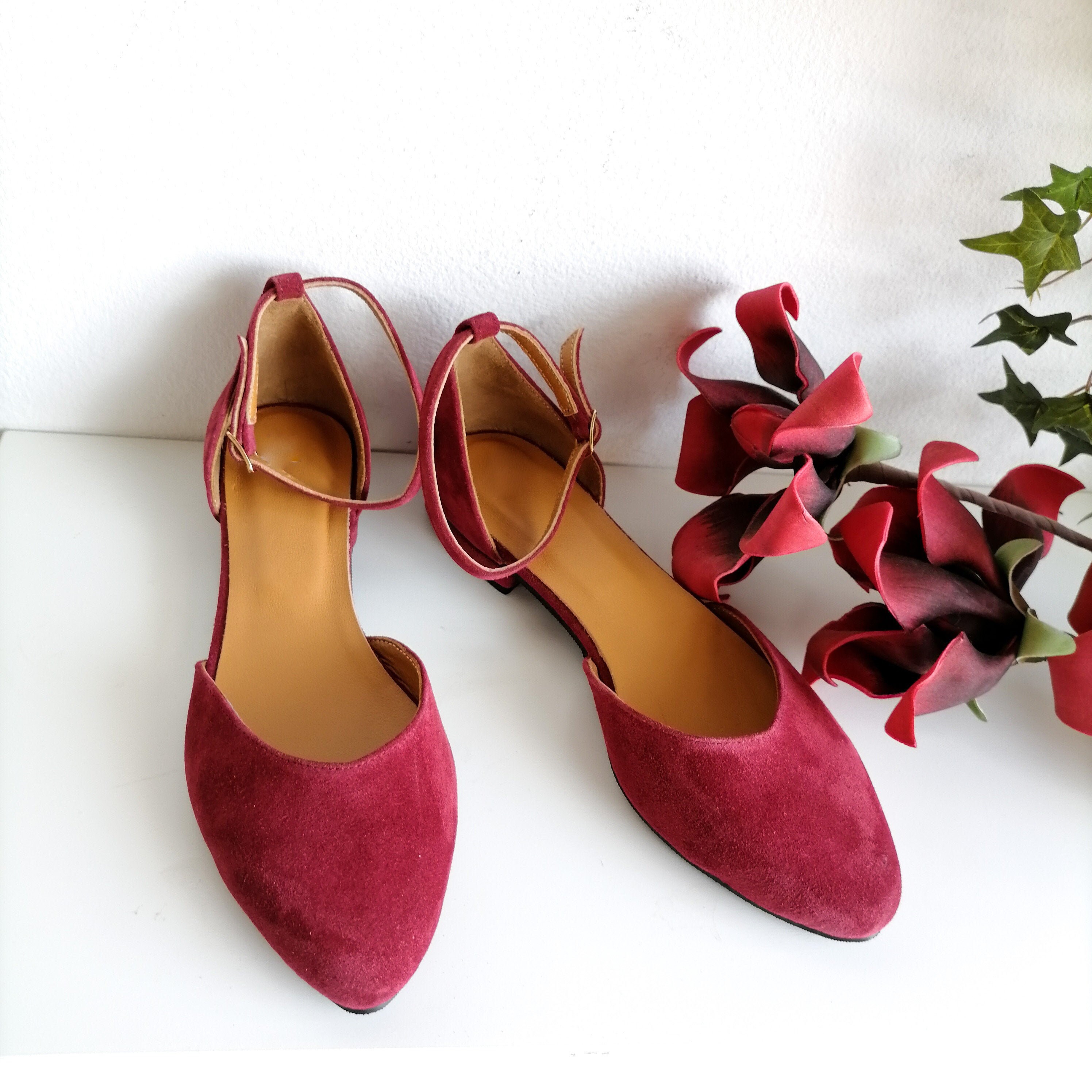 Burgundy Suede Woman Flats Low Heel Shoes With Ankle Strap V - Etsy UK