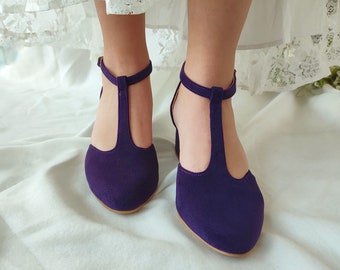 Royal Purple Velour Pumps, Retro Cut Out Wedding Gown Shoes, Celebration Ankle Wrap Colored Heels, Women's T-Strap Block Chunky Heel Shoes