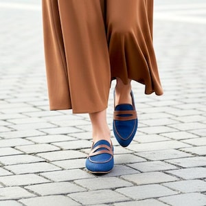 Women's Casual Loafers, Dark Blue Denim With Brown Leather Trim, Comfy Pointed Toe Flats, Elegant Slip-on Moccasins, Versatile Fashion Shoes image 3