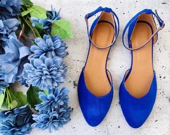 Stylish Women's Royal Blue Ankle Strap Ballerinas, Pointy-toe Cocktail Shoes, Closed-toe Blue Suede V-cut Front Flats, Timeless Slip Ons