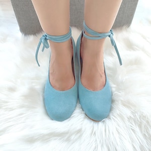 Ankle-tie Block Heels, Dusty Blue Wedding Party Shoes, Something Blue, Women&#39;s Rounded-toe Pumps, Bride&#39;s Comfy Heel, Suede Leather Shoes
