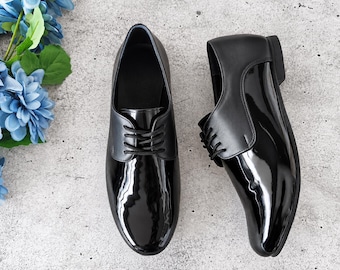 Leather Oxford  Shoes In Black Color, Handmade Women Shoes, Shiny Flat Shoes, Tie Shoes, Black Shoes, Greek Shoes, Elegant Women's Shoes