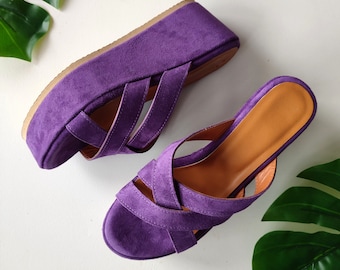 Ladies Leather Wedges, Purple Suede Platform Shoes, Greek Wedges, Strappy Fashion Platform, Women Slides High Heel Wedges, Resort Wear Shoes