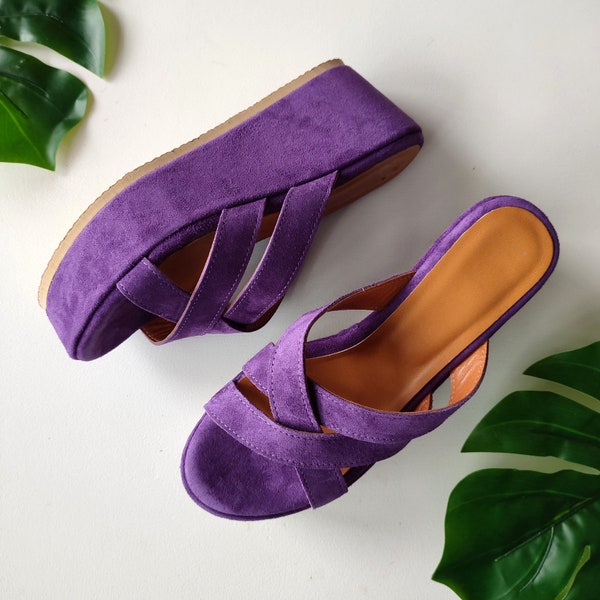 Ladies Leather Wedges, Purple Suede Platform Shoes, Greek Wedges, Strappy Fashion Platform, Women Slides High Heel Wedges, Resort Wear Shoes