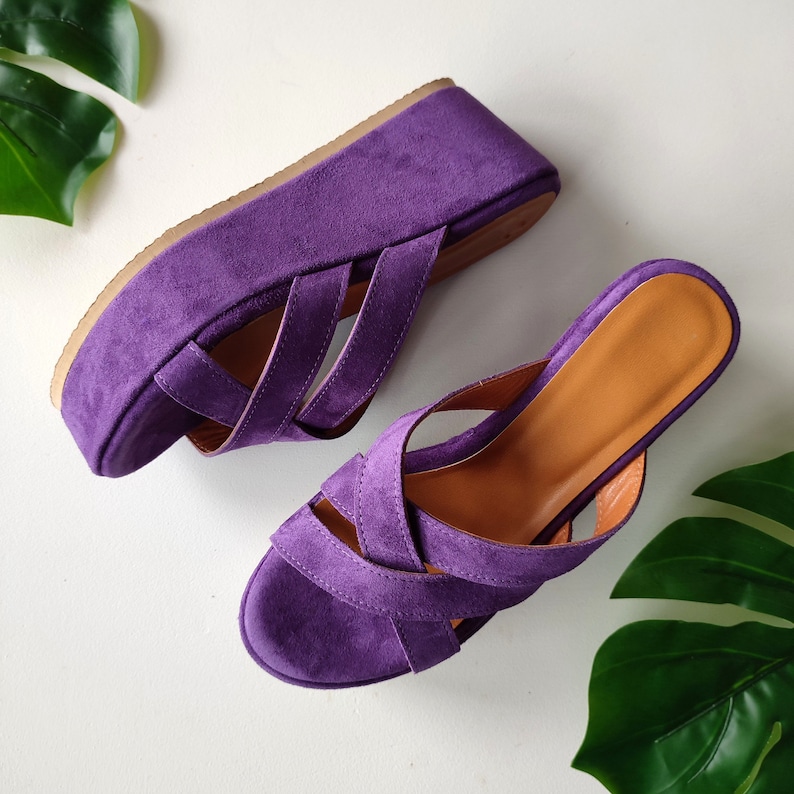 Women's Slip-On High Heel Wedges, Purple Leather Wedges, Suede Platform Sandals, Made in Greece, Cross-front Fashion Heels, Chunky Shoes image 9