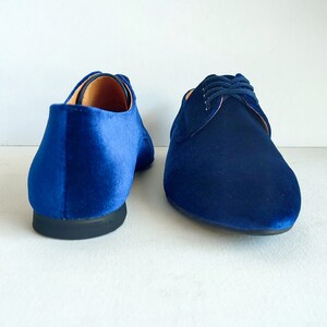 May include: A pair of blue velvet shoes with a lace-up design. The shoes have a pointed toe and a low heel.