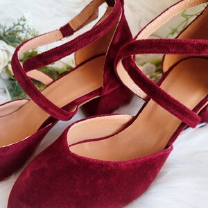 May include: A pair of burgundy velvet heeled shoes with ankle straps. The shoes have a pointed toe and a low block heel.