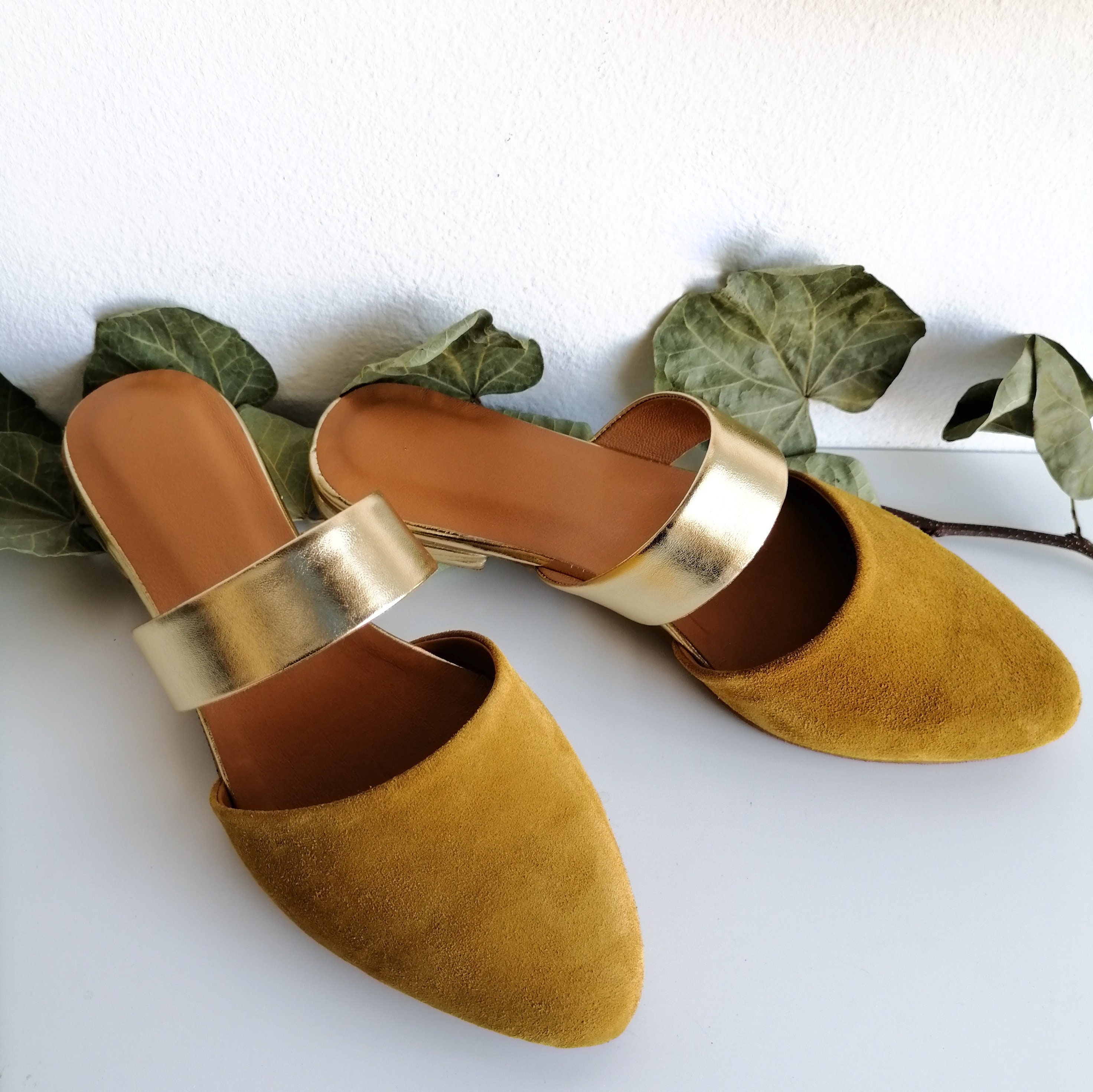 mustard suede mules