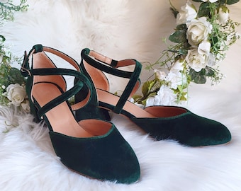 Green Velvet Wedding Heels, Ankle Closure Pumps, Cross Front Design Shoe, Velvet Mid Block Heels, Women's Closed Toe Sandals, Maid of Honour