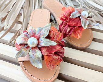 【関税込み】Flower Sandals - Carel - Leather - Orange Flower - Orange leather platform mules | Carel Paris