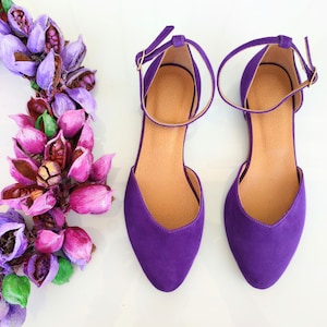 Special Event Ankle Strap Ballet Shoes in Purple Suede Leather, Women&#39;s Closed-toe Sandals, Pointy Toe Shoes, Elegant Contemporary Shoes
