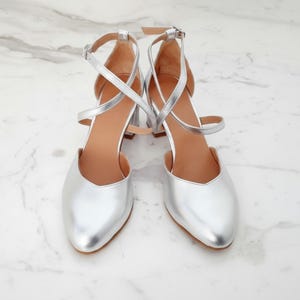 Wedding Princess Silver Mid Block Heels, Cross Front Wrap Closing, Tailored Cinderella Pumps, My Special Day Shoes, Reception Heeled Pumps