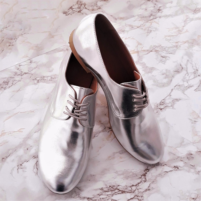 Silver Oxford Shoes for Women Stylish Metallic Vegan Leather - Etsy
