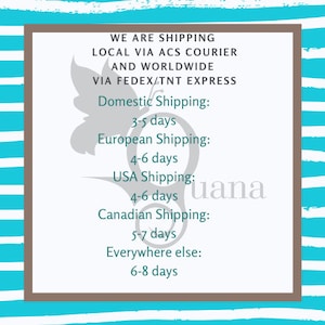 May include: A graphic with a butterfly design and text that reads "WE ARE SHIPPING LOCAL VIA ACS COURIER AND WORLDWIDE VIA FEDEX/TNT EXPRESS" and lists estimated shipping times for domestic, European, USA, Canadian, and international orders.