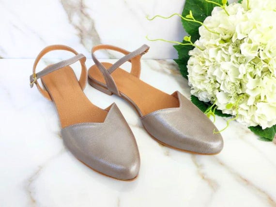Metallic Sand Leather Bridal Sling-Back Flats, Closed Toe Ballet Shoes, Elegant V-Cut Front, Comfort in Chic Design, Wedding Guest Shoes