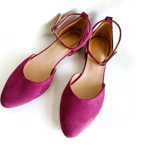 Woman Flats Fuchsia Suede, Ballerinas Shoes With Ankle Strap, V Cut, Pointed Toe Flats, Ballet Shoes, Fuchsia Leather, Closed-toe Sandals