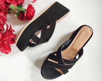 Woman's Leather Wedges, Black Suede Platform Shoes, Greek Wedges, Strappy Fashion Platform, Ladies' Slip- on High Heel Wedges, Holiday Shoes
