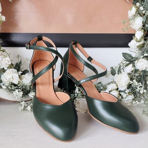 Bridal Dress Pumps, Soft Leather Women's Shoes, Bridesmaid Green Heels, Dark Green Special Occasion Shoes, Cross-Front Closing Straps image 5