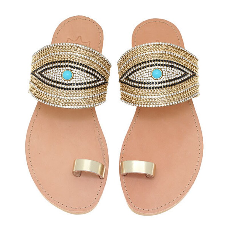 Embellished Evil Eye Sandals Gold Eco Leather Shoes